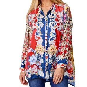Johnny Was Dusk  Silk Button Down Blouse Tunic Size M Boho Multicolor Floral